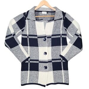 Cottagecore Plaid Button Grannycore‎ Cardigan Sweater Preppy Navy Blue Cream S